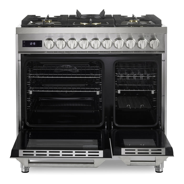 Verona VUFSGE365DSS 36 inch Ultima Collection Double Oven Dual Fuel Range with 5 Brass Burners, 4.1 cu. ft. Total Oven Capacity