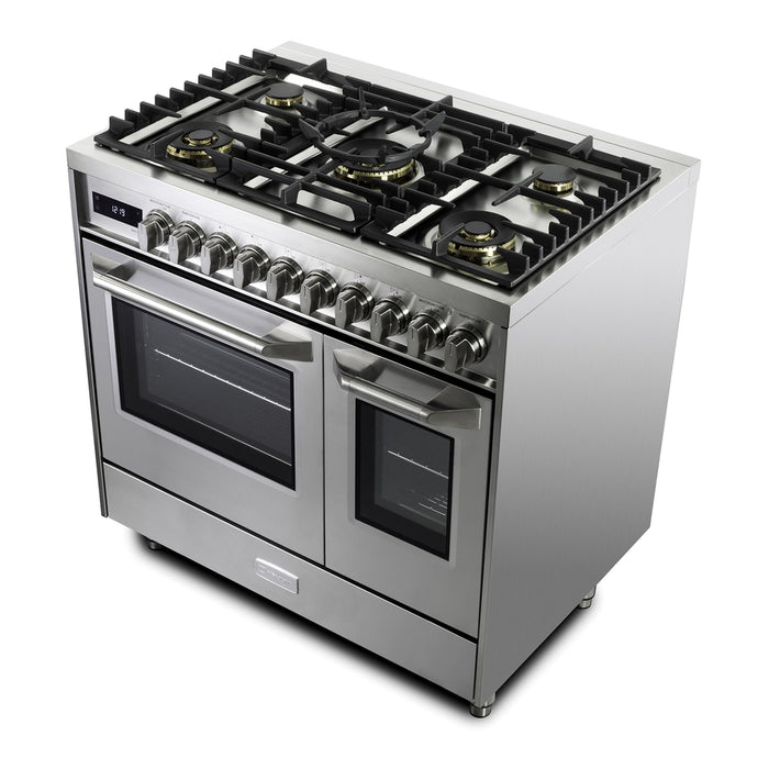 Verona VUFSGE365DSS 36 inch Ultima Collection Double Oven Dual Fuel Range with 5 Brass Burners, 4.1 cu. ft. Total Oven Capacity