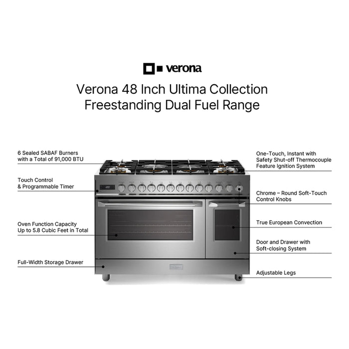 Verona VUFSGE486DSS 48 inch Ultima Collection Dual Fuel Range with 6 Brass Sealed Burners, 5.8 cu. ft. Oven Capacity, Digital Clock in Stainless Steel