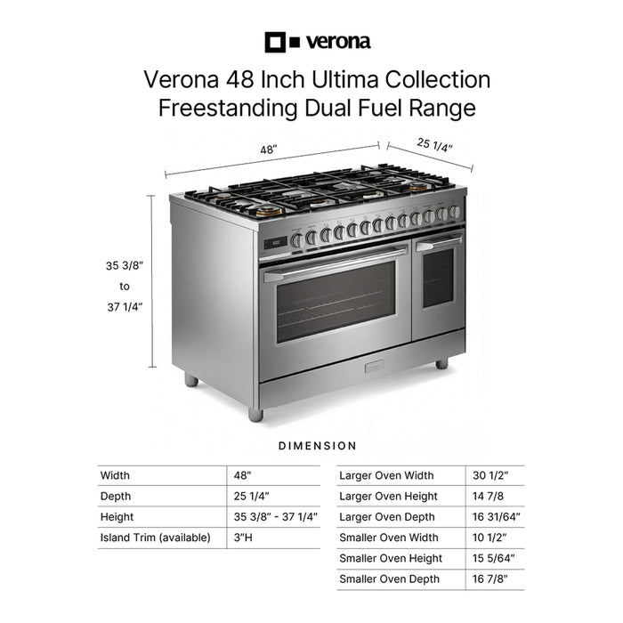 Verona VUFSGE486DSS 48 inch Ultima Collection Dual Fuel Range with 6 Brass Sealed Burners, 5.8 cu. ft. Oven Capacity, Digital Clock in Stainless Steel