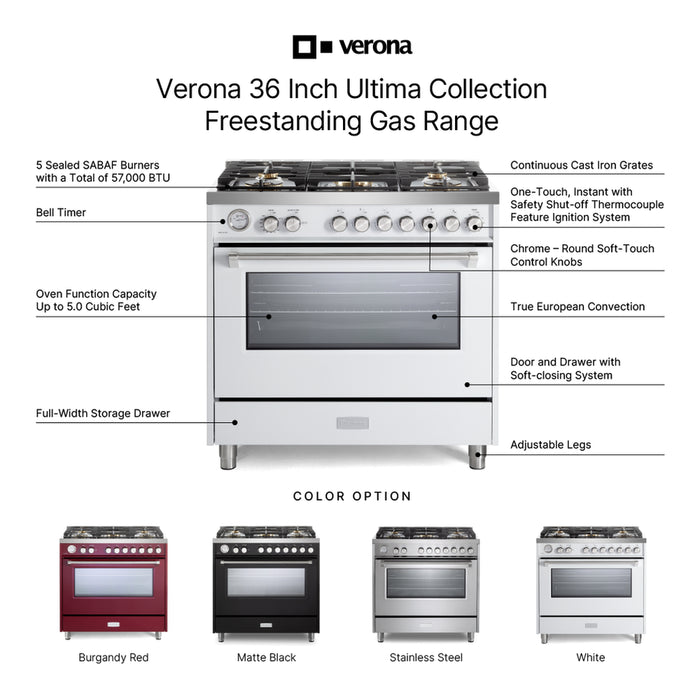 Verona VUFSGG365 36 inch Ultima Collection Freestanding Gas Range with 5 Sealed SABAF Brass Burners, 5 cu. ft. Oven Capacity, Temperature Gauge