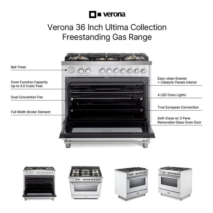 Verona VUFSGG365 36 inch Ultima Collection Freestanding Gas Range with 5 Sealed SABAF Brass Burners, 5 cu. ft. Oven Capacity, Temperature Gauge