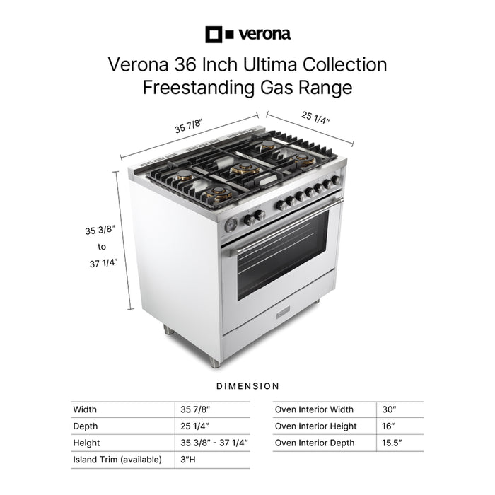 Verona VUFSGG365 36 inch Ultima Collection Freestanding Gas Range with 5 Sealed SABAF Brass Burners, 5 cu. ft. Oven Capacity, Temperature Gauge