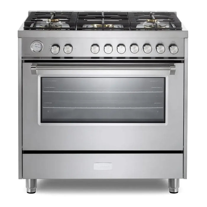 Verona VUFSGG365 36 inch Ultima Collection Freestanding Gas Range with 5 Sealed SABAF Brass Burners, 5 cu. ft. Oven Capacity, Temperature Gauge