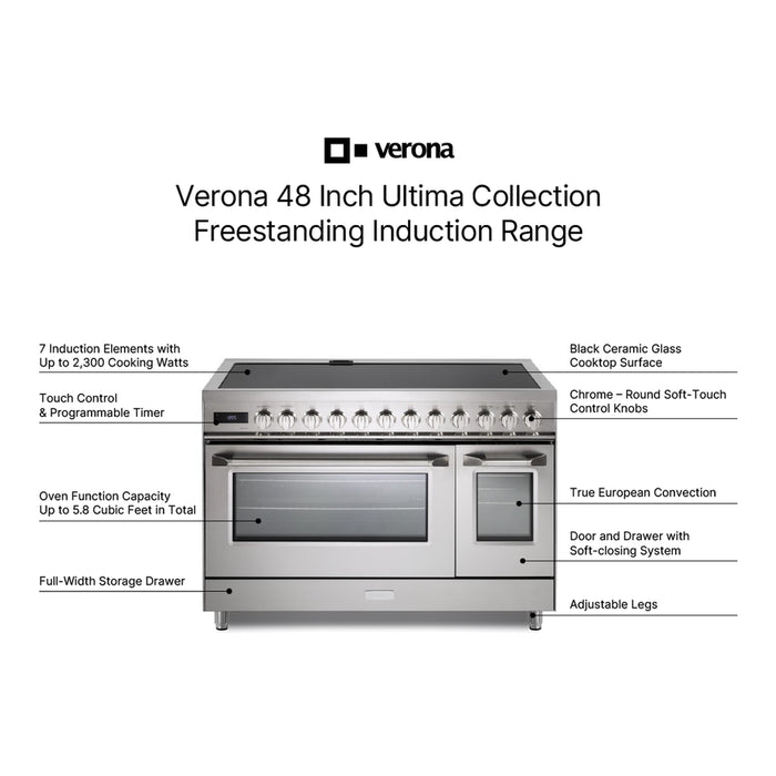 Verona VUFSIE487DSS 48 inch Ultima Collection Induction Range with 7 Elements, Griddle, 6.5 cu. ft. Total Oven Capacity, Bridge Control, Digital Clock in Stainless Steel