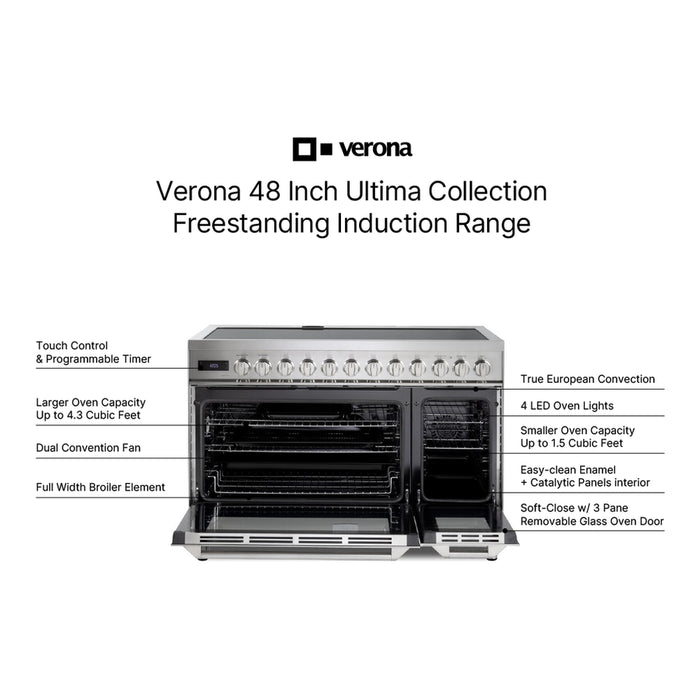 Verona VUFSIE487DSS 48 inch Ultima Collection Induction Range with 7 Elements, Griddle, 6.5 cu. ft. Total Oven Capacity, Bridge Control, Digital Clock in Stainless Steel