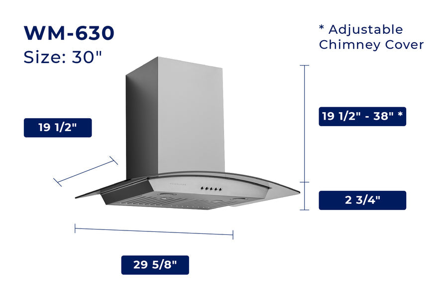 Hauslane | Wall Mount Range Hood with Tempered Glass in Stainless Steel (WM-630SS)