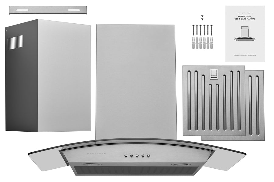 Hauslane | Wall Mount Range Hood with Tempered Glass in Stainless Steel (WM-630SS)