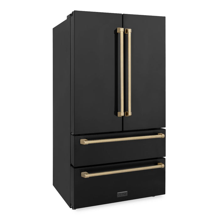 ZLINE 36 in. Autograph Edition 22.5 cu. ft 4-Door French Door Refrigerator with Ice Maker in Fingerprint Resistant Black Stainless Steel with Champagne Bronze Traditional Handles (RFMZ-36-BS-CB)