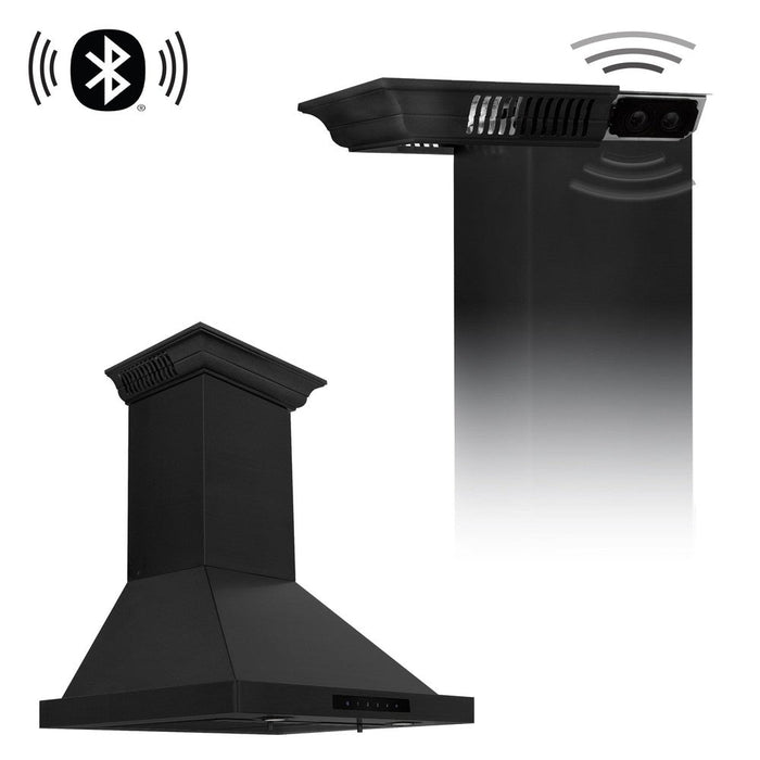 ZLINE Ducted Vent Wall Mount Range Hood in Black Stainless Steel with Built-in ZLINE CrownSound Bluetooth Speakers (BSKBNCRN-BT)