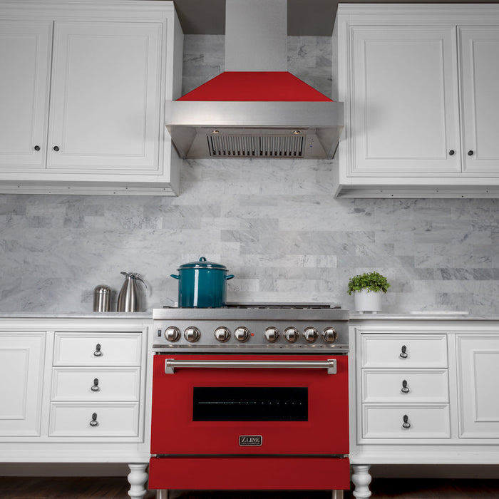 ZLINE 36 in. 4.6 cu. ft. Dual Fuel Range with Gas Stove and Electric Oven in Fingerprint Resistant Stainless Steel and Red Matte Door (RAS-RM-36)