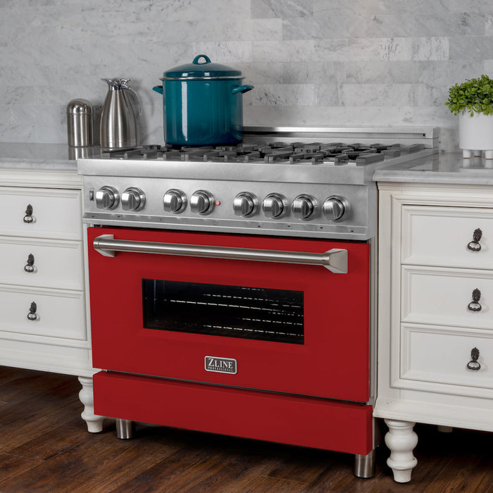 ZLINE 36 in. 4.6 cu. ft. Dual Fuel Range with Gas Stove and Electric Oven in Fingerprint Resistant Stainless Steel and Red Matte Door (RAS-RM-36)