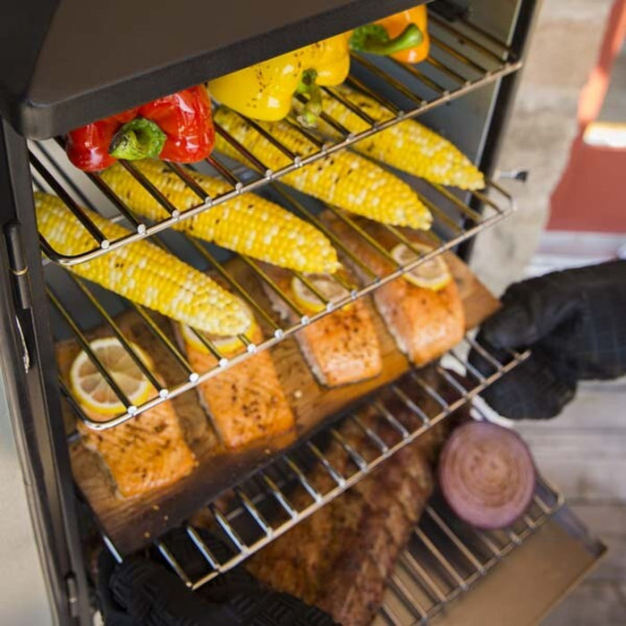 Broil King 26 Inch Freestanding Vertical Gas Smoker with 770 sq. in. Total Cooking Space, 4 cu. ft. Capacity, 14,000 BTU Burner, 4 Adjustable Cooking Grids, Sure-Lite™ Electronic Ignition System, and Adjustable Roto-Draft™ Damper System
