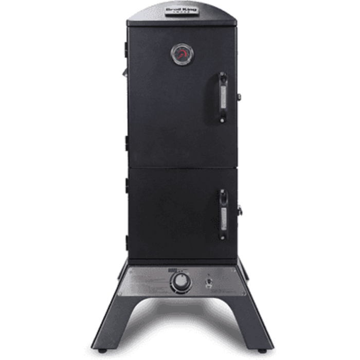Broil King 26 Inch Freestanding Vertical Gas Smoker with 770 sq. in. Total Cooking Space, 4 cu. ft. Capacity, 14,000 BTU Burner, 4 Adjustable Cooking Grids, Sure-Lite™ Electronic Ignition System, and Adjustable Roto-Draft™ Damper System