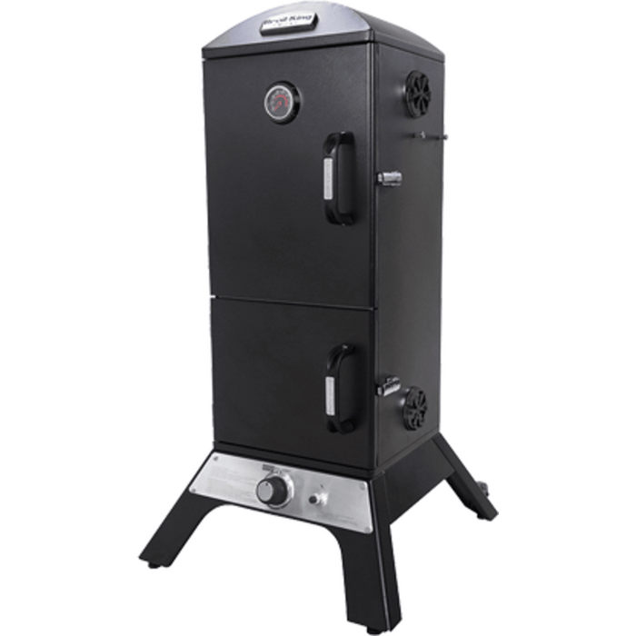 Broil King 26 Inch Freestanding Vertical Gas Smoker with 770 sq. in. Total Cooking Space, 4 cu. ft. Capacity, 14,000 BTU Burner, 4 Adjustable Cooking Grids, Sure-Lite™ Electronic Ignition System, and Adjustable Roto-Draft™ Damper System