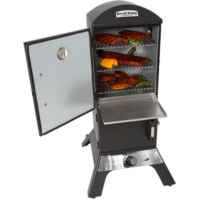 Broil King 26 Inch Freestanding Vertical Gas Smoker with 770 sq. in. Total Cooking Space, 4 cu. ft. Capacity, 14,000 BTU Burner, 4 Adjustable Cooking Grids, Sure-Lite™ Electronic Ignition System, and Adjustable Roto-Draft™ Damper System