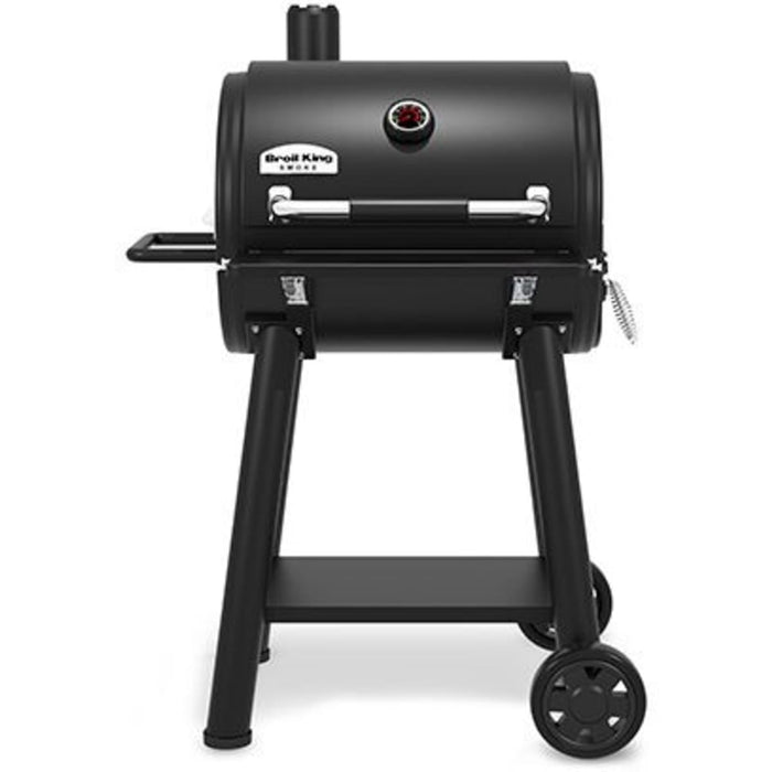 Broil King Regal REGAL 400 Freestanding Charcoal Grill Smoker with 500 sq. in. Primary Cooking Surface, Heavy-Duty Cast Iron Grids, Crack-Proof Wheels, Bottle Opener, Lower Shelf, Removable Stainless Steel Ash Trays, and Accu-Temp™ Thermometer