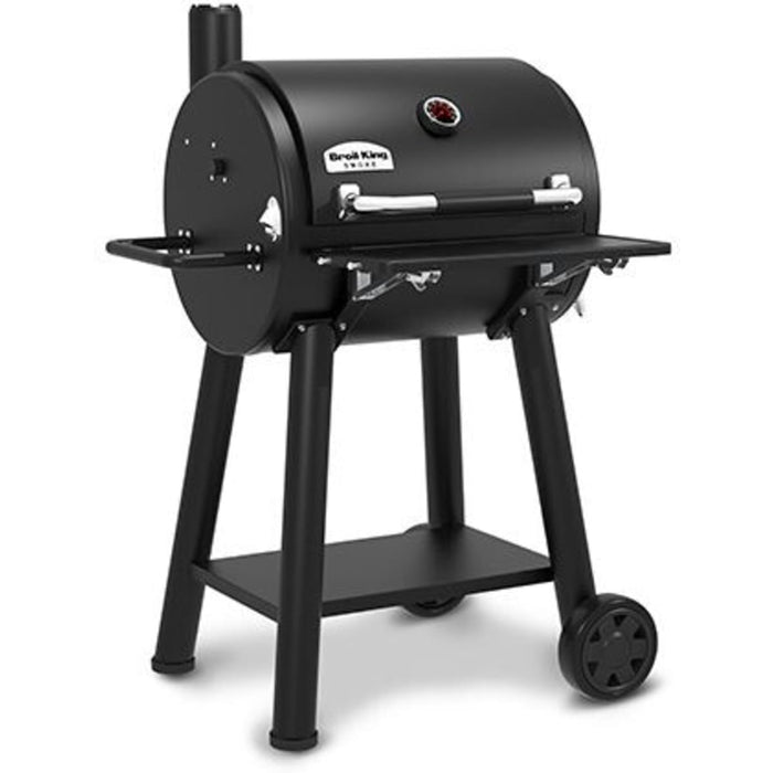 Broil King Regal REGAL 400 Freestanding Charcoal Grill Smoker with 500 sq. in. Primary Cooking Surface, Heavy-Duty Cast Iron Grids, Crack-Proof Wheels, Bottle Opener, Lower Shelf, Removable Stainless Steel Ash Trays, and Accu-Temp™ Thermometer
