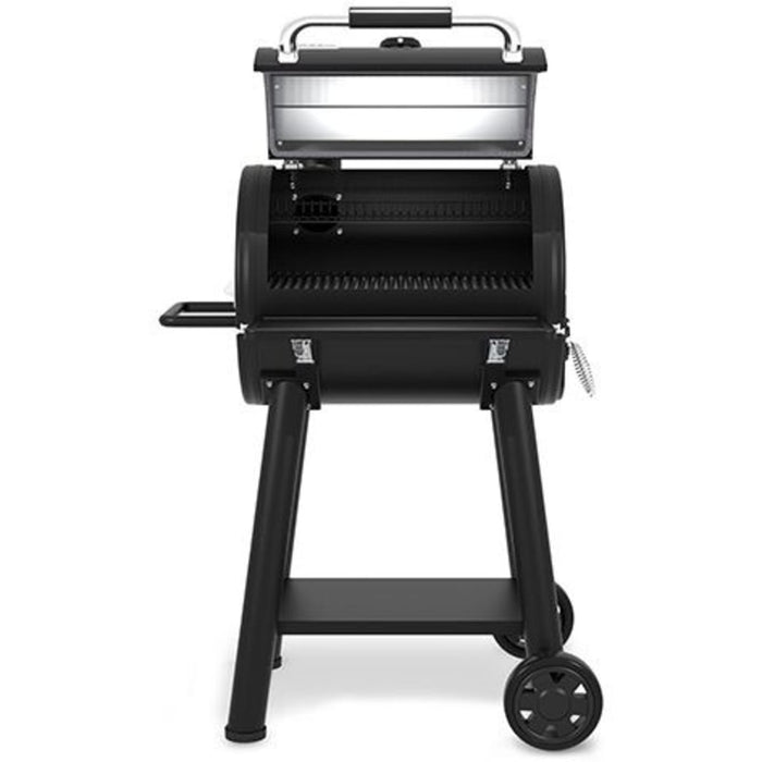 Broil King Regal REGAL 400 Freestanding Charcoal Grill Smoker with 500 sq. in. Primary Cooking Surface, Heavy-Duty Cast Iron Grids, Crack-Proof Wheels, Bottle Opener, Lower Shelf, Removable Stainless Steel Ash Trays, and Accu-Temp™ Thermometer