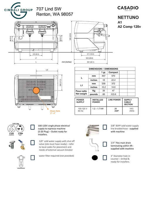 Casadio Nettuno 1 Group Commercial Espresso Machine (120V)