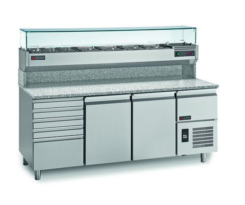 Rosito Bisani PC215 Refrigerated Pizza Prep Table With Upper Refrigerated Toppings Rail Display Case