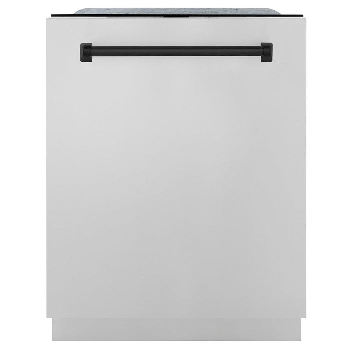 ZLINE Autograph Edition 30 in. Kitchen Package with Stainless Steel Dual Fuel Range, Range Hood, Dishwasher, and French Door Refrigerator with Matte Black Accents (4KAPR-RARHDWM30-MB)