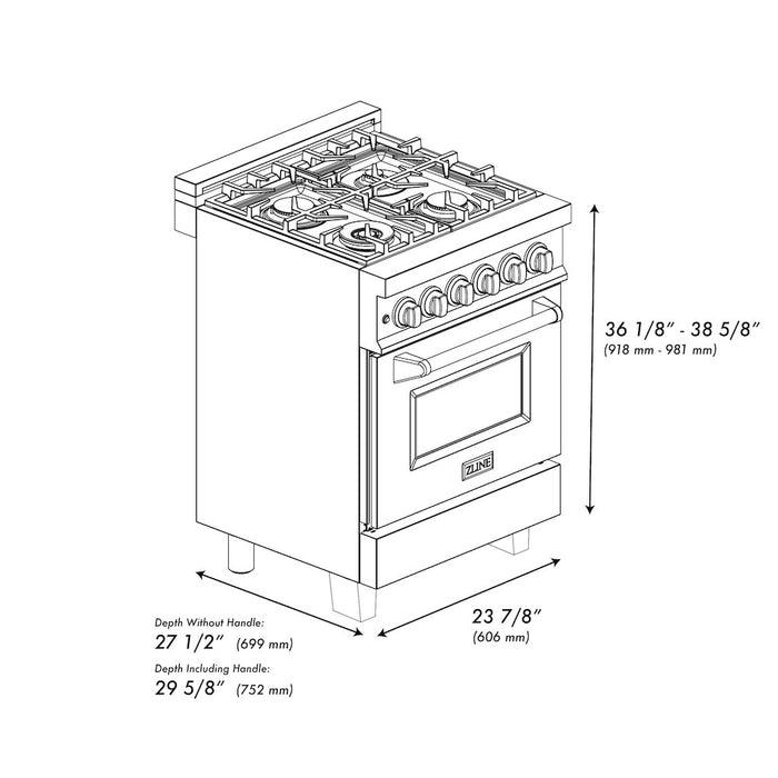 ZLINE Autograph Edition 24 in. 2.8 cu. ft. Dual Fuel Range with Gas Stove and Electric Oven in Black Stainless Steel with Champagne Bronze Accents (RABZ-24-CB)