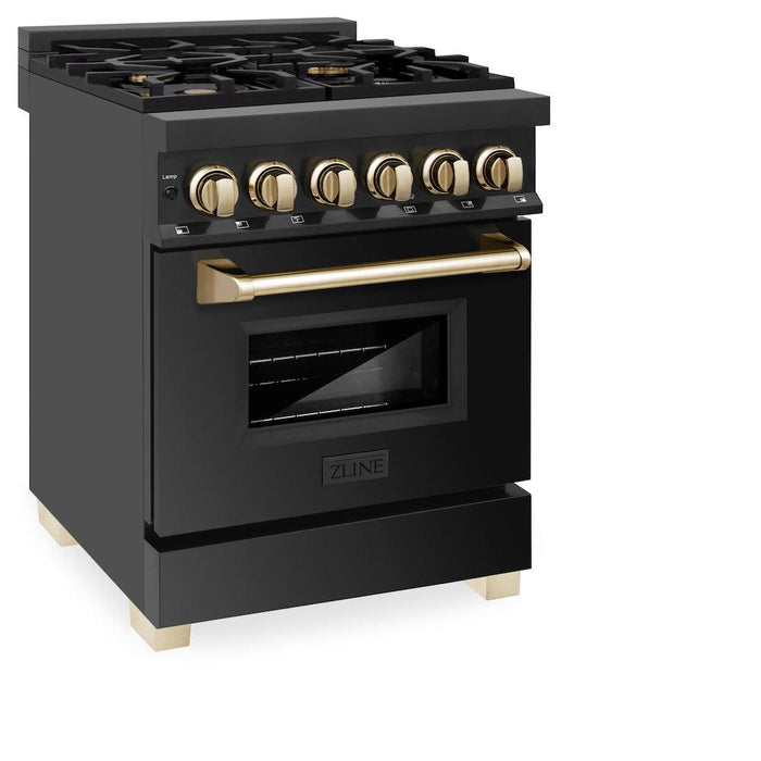 ZLINE Autograph Edition 24 in. 2.8 cu. ft. Dual Fuel Range with Gas Stove and Electric Oven in Black Stainless Steel with Polished Gold Accents (RABZ-24-G)