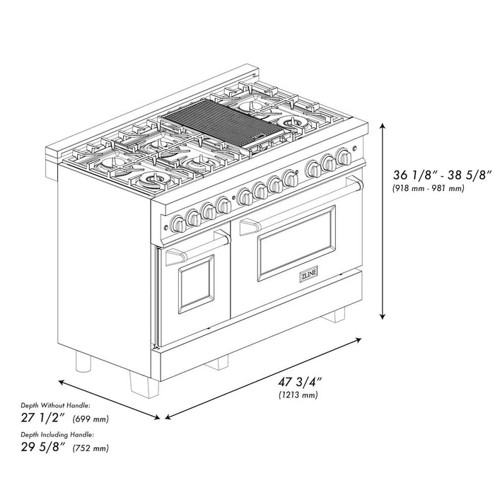 ZLINE 48 in. Autograph Edition Kitchen Package with Black Stainless Steel Dual Fuel Range, Range Hood and Dishwasher with Champagne Bronze Accents (3AKP-RABRHDWV48-CB)