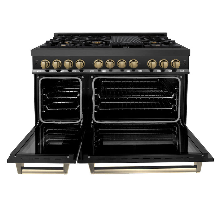 ZLINE Autograph Edition 48 in. 6.0 cu. ft. Dual Fuel Range with Gas Stove and Electric Oven in Black Stainless Steel with Champagne Bronze Accents (RABZ-48-CB)