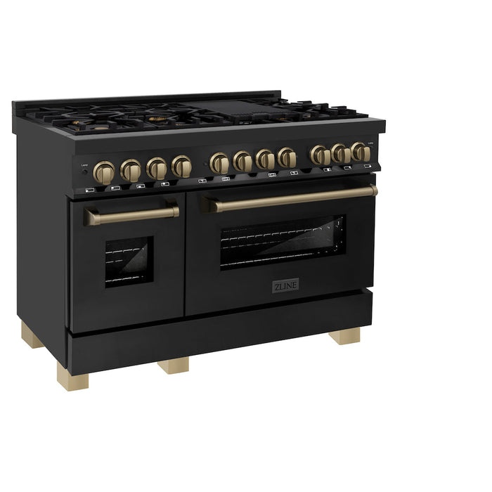 ZLINE Autograph Edition 48 in. 6.0 cu. ft. Dual Fuel Range with Gas Stove and Electric Oven in Black Stainless Steel with Champagne Bronze Accents (RABZ-48-CB)