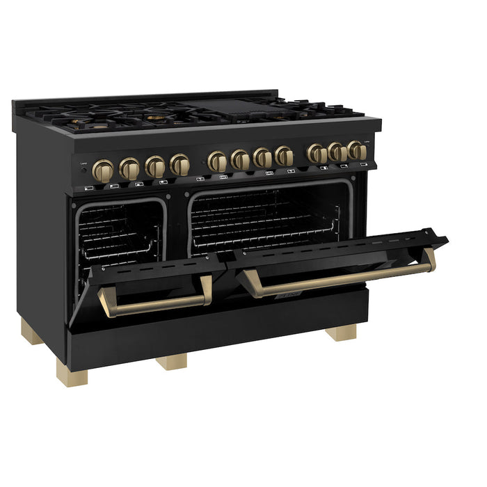 ZLINE Autograph Edition 48 in. 6.0 cu. ft. Dual Fuel Range with Gas Stove and Electric Oven in Black Stainless Steel with Champagne Bronze Accents (RABZ-48-CB)