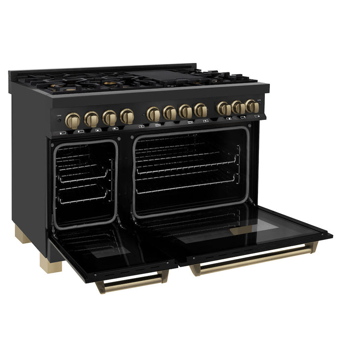 ZLINE Autograph Edition 48 in. 6.0 cu. ft. Dual Fuel Range with Gas Stove and Electric Oven in Black Stainless Steel with Champagne Bronze Accents (RABZ-48-CB)