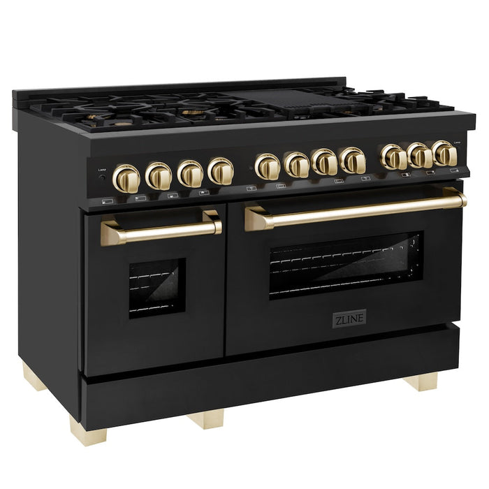 ZLINE Autograph Edition 48 in. Kitchen Package with Black Stainless Steel Dual Fuel Range, Range Hood and Dishwasher with Polished Gold Accents (3AKP-RABRHDWV48-G)