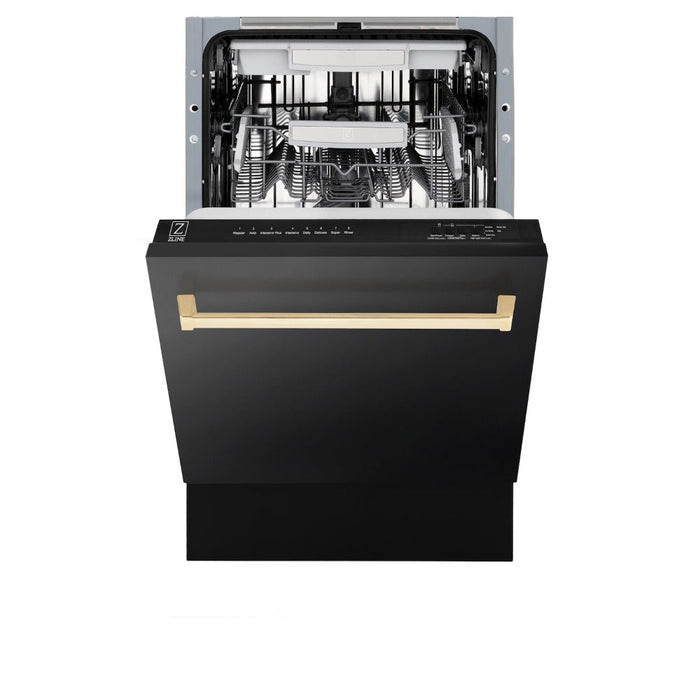 ZLINE Autograph Edition 18 in. Tallac Series 3rd Rack Top Control Built-In Dishwasher in Black Stainless Steel with Polished Gold Handle, 51dBa (DWVZ-BS-18-G)