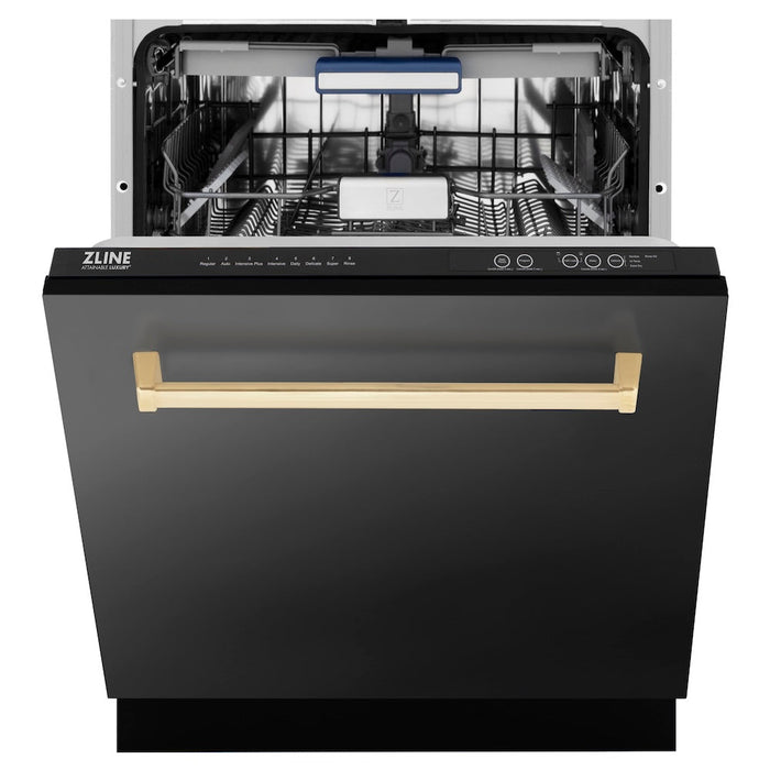 ZLINE Autograph Edition 24 in. Tallac Series 3rd Rack Top Control Built-In Tall Tub Dishwasher in Black Stainless Steel with Champagne Bronze Handle, 51dBa (DWVZ-BS-24-CB)