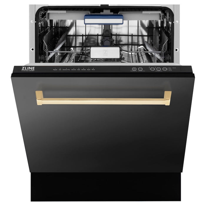 ZLINE Autograph Edition 30 in. Kitchen Package with Black Stainless Steel Dual Fuel Range, Range Hood and Dishwasher with Champagne Bronze Accents (3AKP-RABRHDWV30-CB)