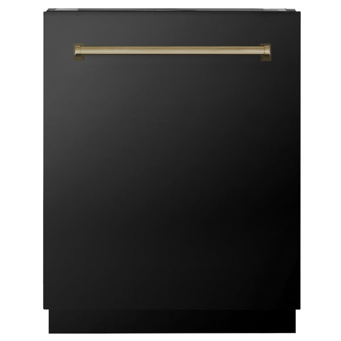 ZLINE Autograph Edition 24 in. Tallac Series 3rd Rack Top Control Built-In Tall Tub Dishwasher in Black Stainless Steel with Champagne Bronze Handle, 51dBa (DWVZ-BS-24-CB)