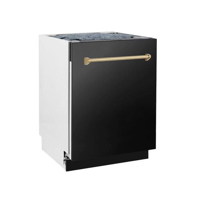 ZLINE Autograph Edition 24 in. Tallac Series 3rd Rack Top Control Built-In Tall Tub Dishwasher in Black Stainless Steel with Champagne Bronze Handle, 51dBa (DWVZ-BS-24-CB)