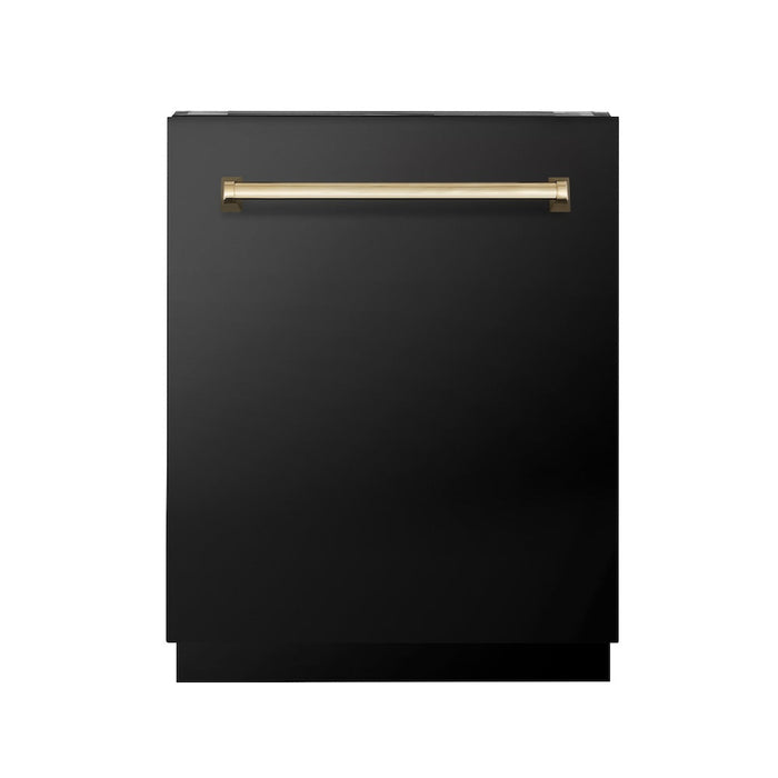 ZLINE Autograph Edition 24 in. Tallac Series 3rd Rack Top Control Built-In Tall Tub Dishwasher in Black Stainless Steel with Polished Gold Handle, 51dBa (DWVZ-BS-24-G)