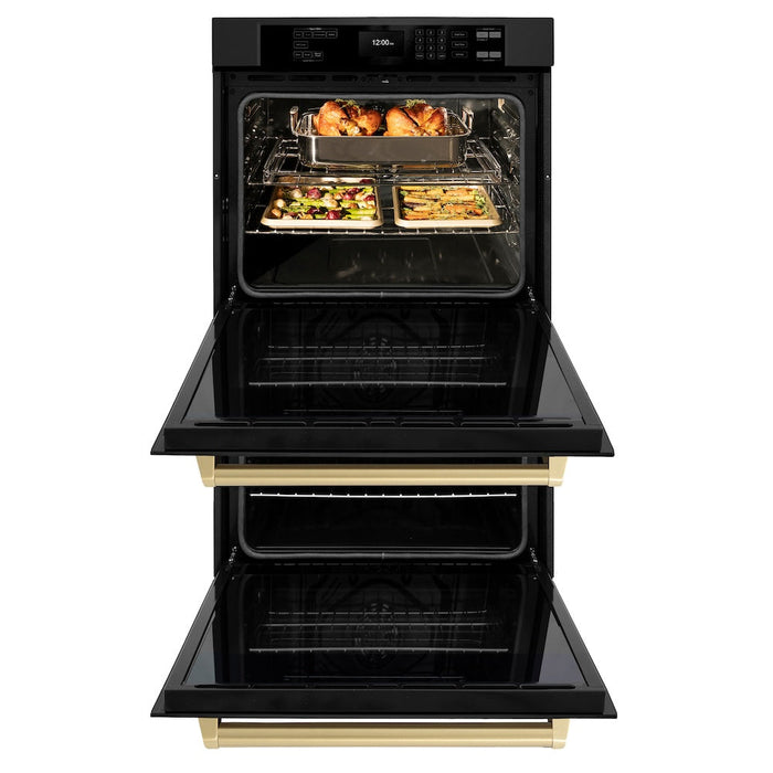 ZLINE Autograph Edition 30 in. Professional True Convection Double Wall Oven with Air Fry and Self Clean in Black Stainless Steel with Champagne Bronze Handles (WADBZ-30-CB)