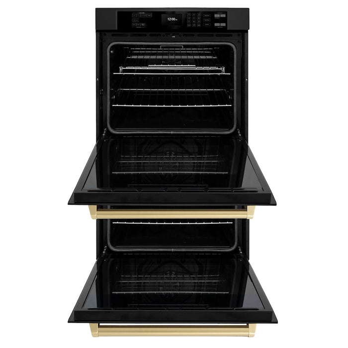 ZLINE Autograph Edition 30 in. Professional True Convection Double Wall Oven with Air Fry and Self Clean in Black Stainless Steel with Champagne Bronze Handles (WADBZ-30-CB)