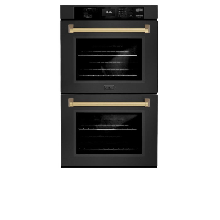 ZLINE Autograph Edition 30 in. Professional True Convection Double Wall Oven with Air Fry and Self Clean in Black Stainless Steel with Champagne Bronze Handles (WADBZ-30-CB)