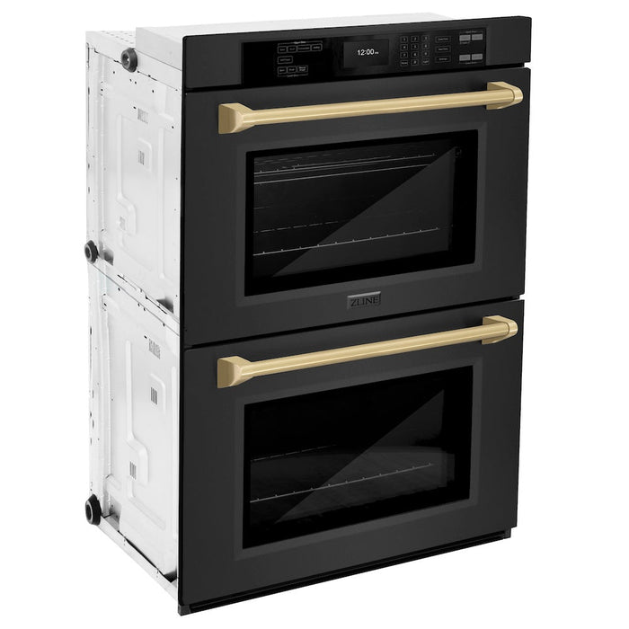 ZLINE Autograph Edition 30 in. Professional True Convection Double Wall Oven with Air Fry and Self Clean in Black Stainless Steel with Champagne Bronze Handles (WADBZ-30-CB)