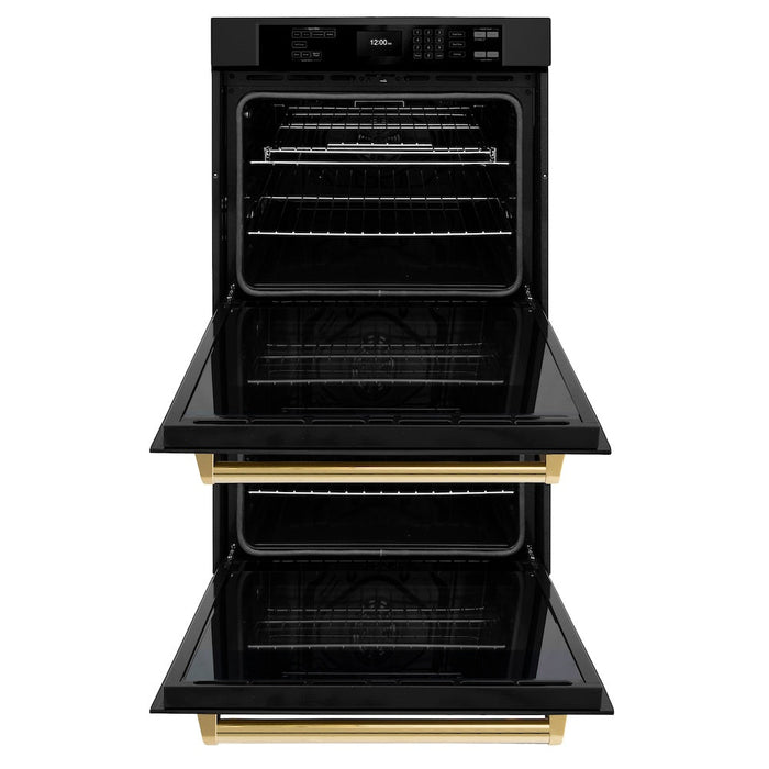 ZLINE Autograph Edition 30 in. Professional True Convection Double Wall Oven with Air Fry and Self Clean in Black Stainless Steel with Polished Gold Handles (WADBZ-30-G)