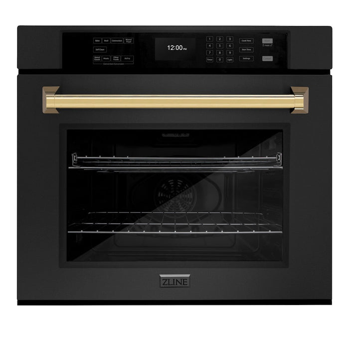 ZLINE Autograph Edition 30 in. Professional True Convection Single Wall Oven with Air Fry and Self Clean in Black Stainless Steel with Polished Gold Handle (WASBZ-30-G)