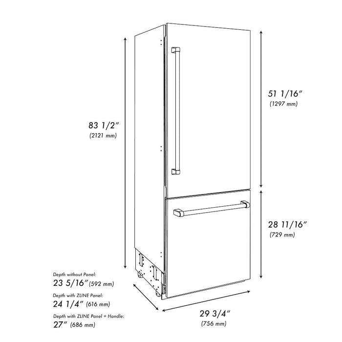 ZLINE 30 in. Autograph Edition 16.1 cu. ft. Built-in 2-Door Bottom Freezer Refrigerator with Internal Water and Ice Dispenser in Black Stainless Steel with Champagne Bronze Accents (RBIVZ-BS-30-CB)