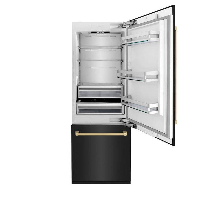 ZLINE 30 in. Autograph Edition 16.1 cu. ft. Built-in 2-Door Bottom Freezer Refrigerator with Internal Water and Ice Dispenser in Black Stainless Steel with Champagne Bronze Accents (RBIVZ-BS-30-CB)