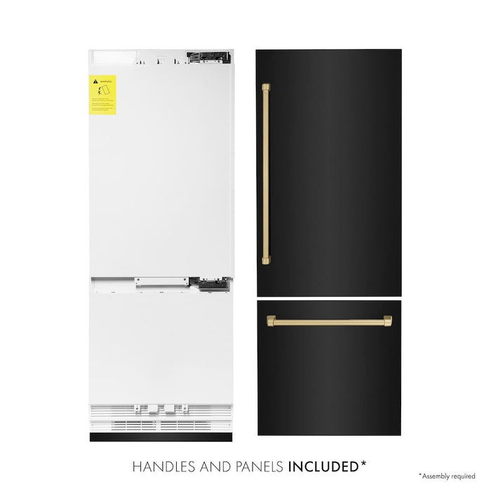 ZLINE 30 in. Autograph Edition 16.1 cu. ft. Built-in 2-Door Bottom Freezer Refrigerator with Internal Water and Ice Dispenser in Black Stainless Steel with Champagne Bronze Accents (RBIVZ-BS-30-CB)