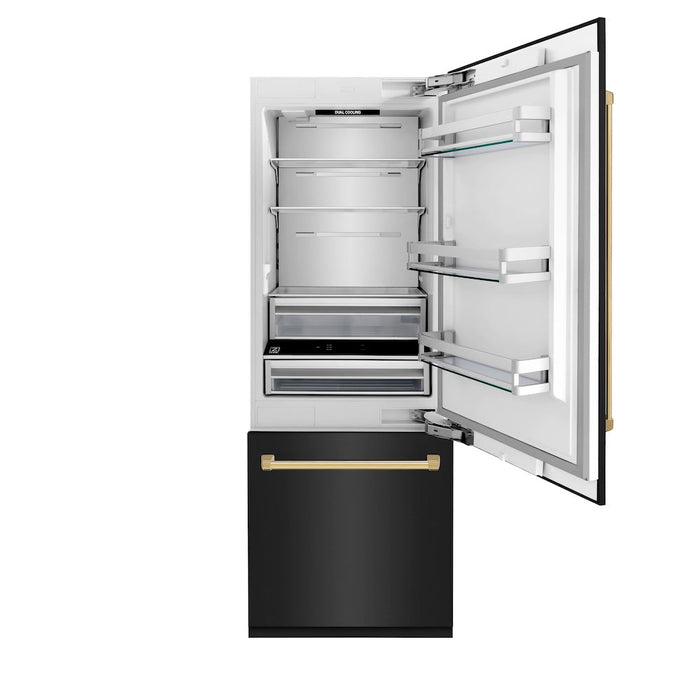 ZLINE 30 in. Autograph Edition 16.1 cu. ft. Built-in 2-Door Bottom Freezer Refrigerator with Internal Water and Ice Dispenser in Black Stainless Steel with Polished Gold Accents (RBIVZ-BS-30-G)